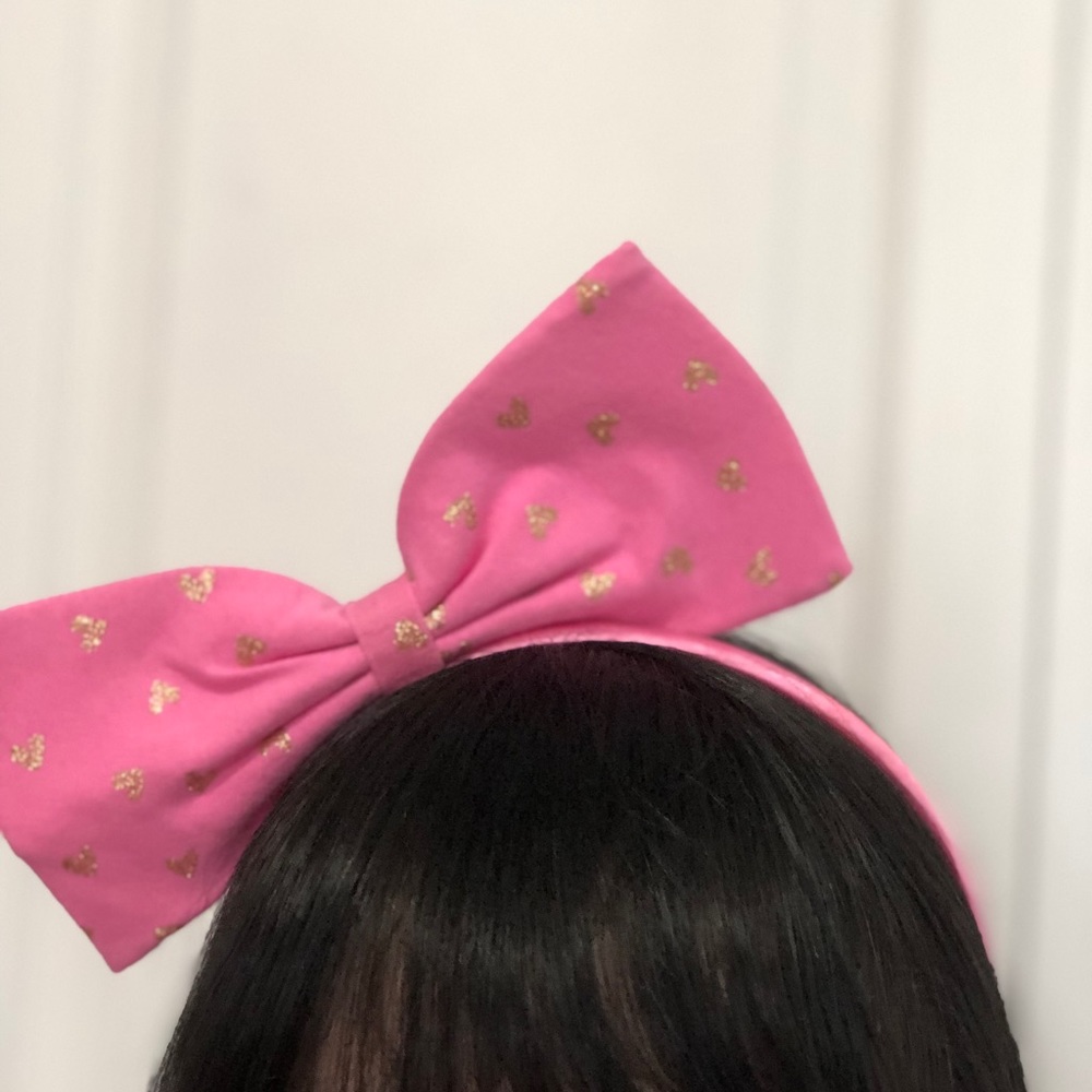 Pink Bow Headband with Gold Hearts